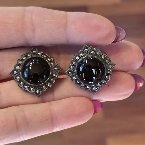 Judith Jack Black Onyx Marcasite Sterling Silver Vintage Clip Earrings